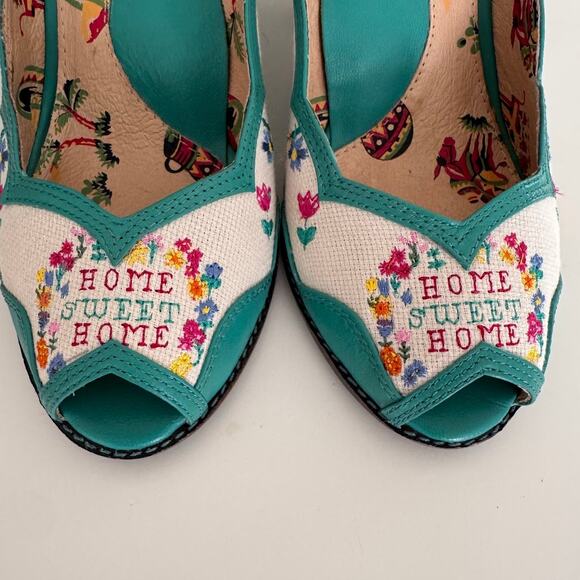 Miss L Fire Home Sweet Home Peep Toe Heels Retro Needlepoint Size EU 36 US 6 - Picture 3 of 12